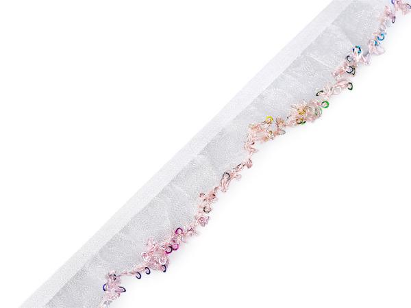 Organza-Rüschenband mit Paillettenkante in Hellrosa, elastisch
